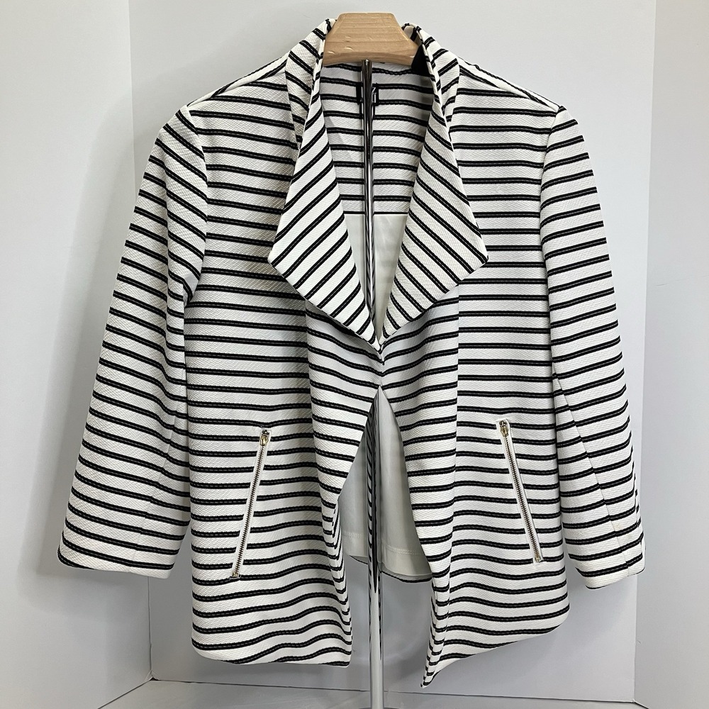 roz & ALI Womens White & Black Striped Shawl Collar 3/4 Sleeve Jacket Size L